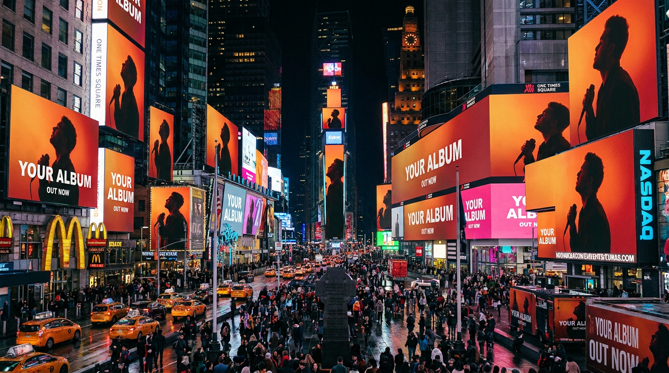 Times Square billboards displaying an album launch campaign